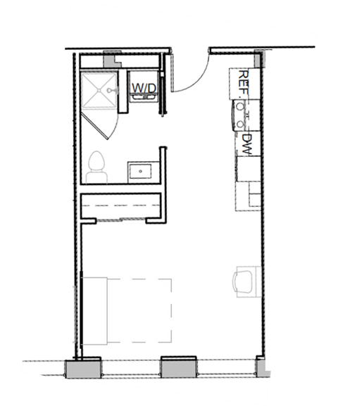 a floor plan of a small house with a bedroom and a bathroom